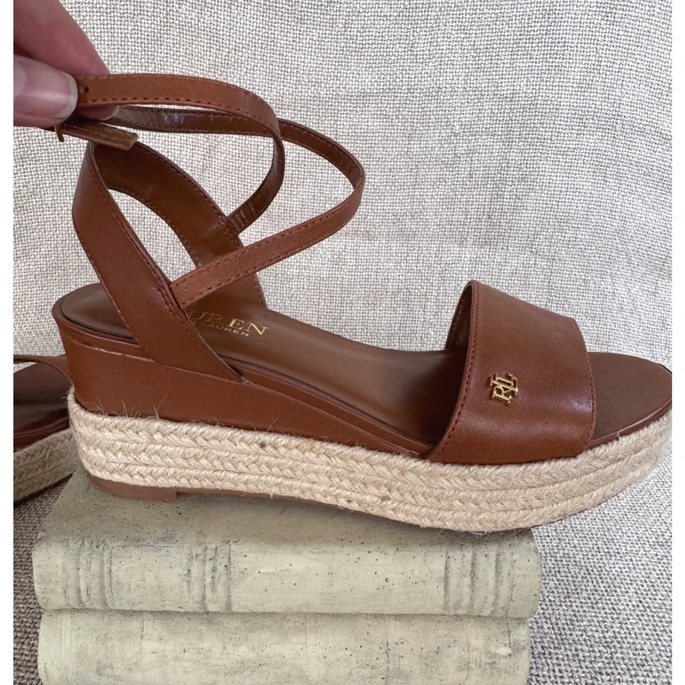 Lauren Ralph Lauren Delores Espadrille‎ Wedge Sandals Brown Leather 7B